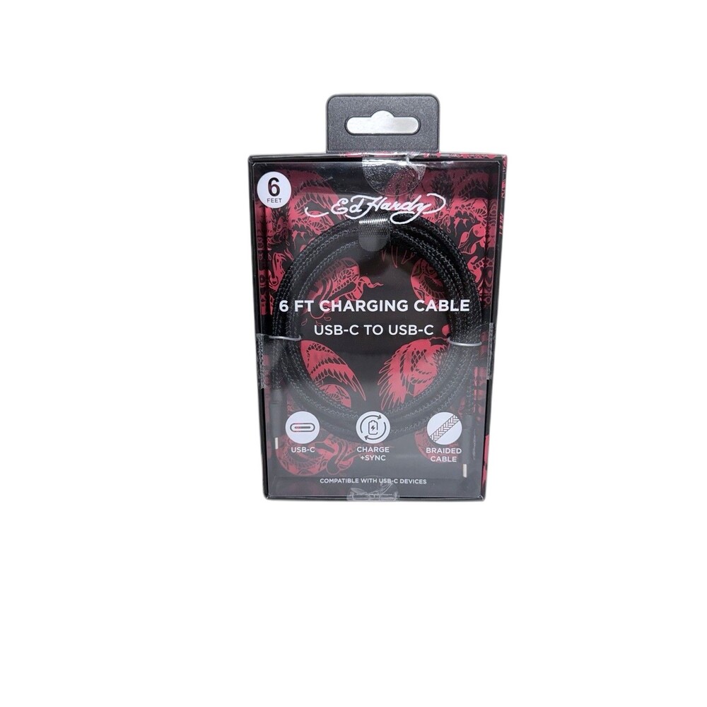 NEW Ed Hardy 6FT Black Braided  Charging Cable USB-C To USB-C Rapid Charge NWT